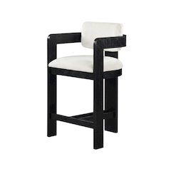 Velvet Art Deco Counter Stool, Low Back, Rubberwood Legs, Cream Velvet