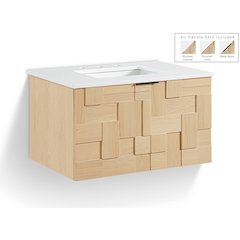 Leonardo 30" Natural Engineered Stone And Wood Wall Mounted Bathroom Vanity