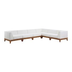 White Fabric Outdoor Patio Modular Sectional, Acacia Wood Finish, Contemporary