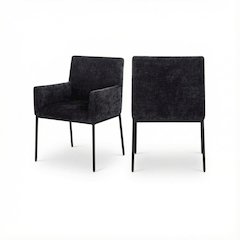 Matte Black Chenille Fabric Dining Chairs Set of 2 with Arms and Cushioned Seats