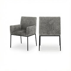 Matte Black Chenille Fabric Dining Chairs Set of 2 - Armrests, Cushioned Seats