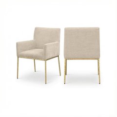 Beige Chenille Dining Chairs Set of 2 with Brushed Brass Frame