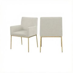 Cream Chenille Dining Chairs Set of 2 with Brushed Brass Frame and Armrests