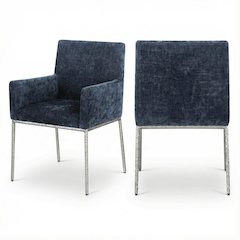 Navy Chenille Dining Chair Set of 2 with Brushed Silver Frame and Cushioned Seat