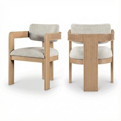 Beige Linen Upholstered Dining Chairs Set of 2 with Textured Fabric and Armrests