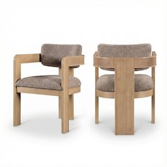 Neutral Linen Textured Dining Chairs Set of 2 with Armrests and Art Deco Design
