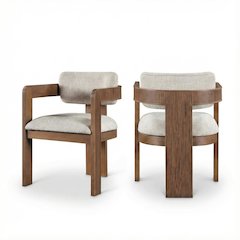 Brown Linen Textured Dining Chairs Set of 2 with Armrests and Art Deco Design