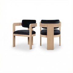 Dining Chair Set of 2 Black Velvet Upholstered Armchairs with Art Deco Design