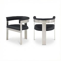 Black Vegan Leather Dining Chair Set of 2 with Brushed Chrome Frame and Armrests