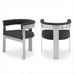 Boucle Fabric Dining Chairs in Black with Brushed Chrome Frame, Set of 2