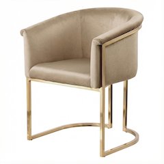 Beige Velvet Dining Chair in Brushed Brass with Contemporary Back Support