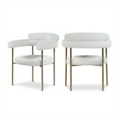 Brushed Brass 2-Piece Dining Chair Set with Cream Boucle Upholstery and Armrests