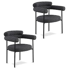 Boucle Upholstered Dining Chairs with Arms, Black Boucle Fabric, Set of 2