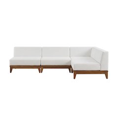 White Fabric Outdoor Patio Modular Sofa, Acacia Wood Finish, Contemporary Design