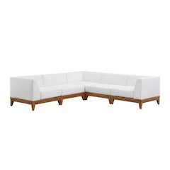 White Fabric Outdoor Patio Modular Sectional With Acacia Wood Finish