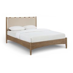 Santos Beige Vegan Leather Headboard And Wood Queen Bed