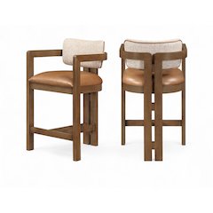 Ravina Cognac Vegan Leather and Linen Textured Fabric Upholstered Counter Stool