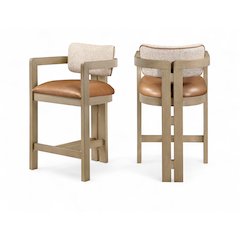Ravina Cognac Vegan Leather and Linen Fabric Upholstered Counter Stool