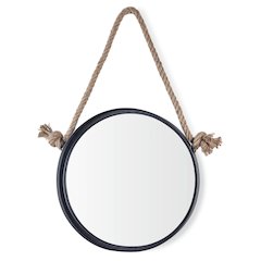 15” Black Iron Framed Round Accent Mirror with Hanging Rope