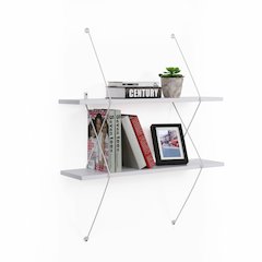 Contemporary Two Level White Shelving System with White Wire Brackets