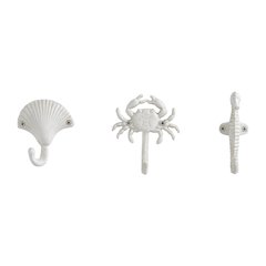 White Iron Nautical Decorative Wall Hook Set of 3 - Seashell, Crab, Seahorse