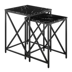 Modern Square Veneer Black Metal Frame Nesting End Tables Black Marble Set of 2