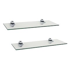 Set of 2 Clear Glass Floating Shelves with Chrome Brackets 16 x 6"