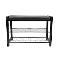 Black Leatherette Entryway Bench with Two Black Metal Shoe Racks