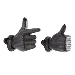 "Thumbs up & Pointing Finger" Brown Cast Iron Wall Mount Hook Set (Set of 2)