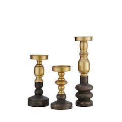 Nara Brass Wood Taper Candlestick Pillar Candle Holders - Set of 3