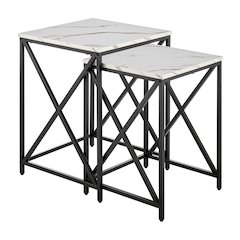 Modern Square Veneer Black Metal Frame Nesting End Tables White Marble Set of 2