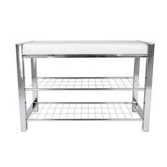 White Leatherette Storage Entryway Bench with Chrome Frame