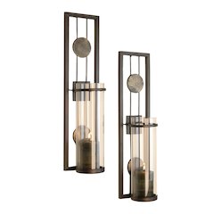 Set of Two Metal Wall Sconces With Antique Patina Medallions