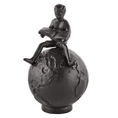 Brown Cast Iron Boy Reading on Globe Sculpture or Decorative Paperweight