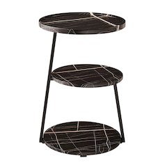 Skylar Round 3-Tier Side Accent Table with Raised Lip Edge - Black Marble/Black