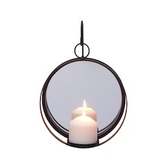 Round Wrought Iron Pillar Candle Sconce with Mirror – Wall Candleholder