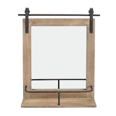 Rustic Wood-Framed Wall Mount Barn Door Vanity Mirror with Shelf
