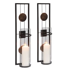 20 in. Metal Medallion Pillar Candle Sconces – Wall Mount – Set of 2
