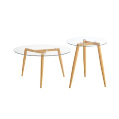 Van Beuren Coffee Side Table Set Metal Taper Legs Clear Glass Tabletop - Beech