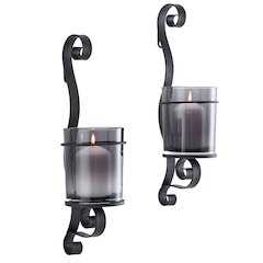 Vintage Black Wall Sconce Candle Holder Set (2) with Smoke Glass Hurricanes