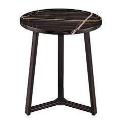 Harper Midcentury Round Raised Lip Edge Side Accent Table - Black Marble/Black
