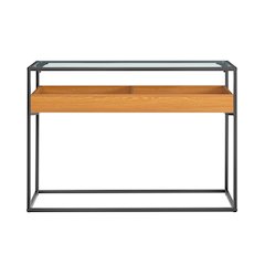 Saarinen 2-Level Sunken Glass Display Shelf Rectangle Console Table - Golden Oak
