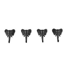 4 PC Black Cast Iron Elephant Head Decorative Wall Sculpture Utility Hook Set