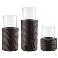 Candle Holder Set (3) With Clear Glass Hurricanes And Textured Metal Base