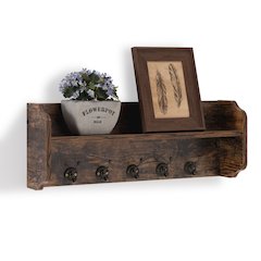 Utility Wall Shelf with Hooks - Aged Wood