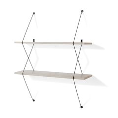 Contemporary Two Level Grey Shelving System with Black Wire Brackets