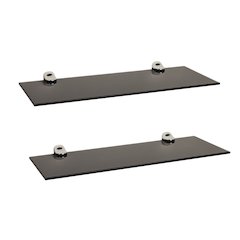 Set of 2 Black Smoke Glass Floating Shelves with Chrome Brackets 16 x 6"