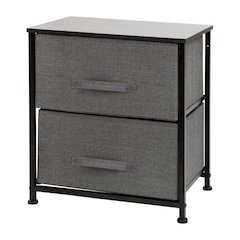 2 Drawer Wood Top Black Nightstand Storage Organizer with Cast Iron Frame and Dark Gray Easy Pull Fabric Drawers