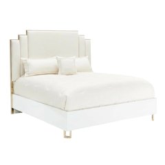 Upholstered Eastern King Bed in Cream with Polyester Fabric and Woven Finish