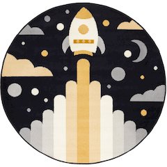 Kids Black White Yellow Rocketship Rug, 5'3" x 5'3" Round, 5'3" x 5'3"